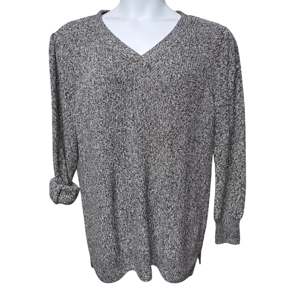 BELLE by KIM GRAVEL Womens Gray Marled Shaker Knit V-Neck Sweater XL Cozy Girly